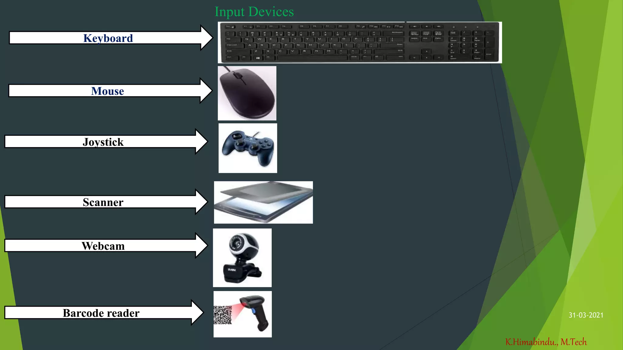 K.Himabindu., M.Tech
31-03-2021
Input Devices
Keyboard
Mouse
Joystick
Scanner
Webcam
Barcode reader
 