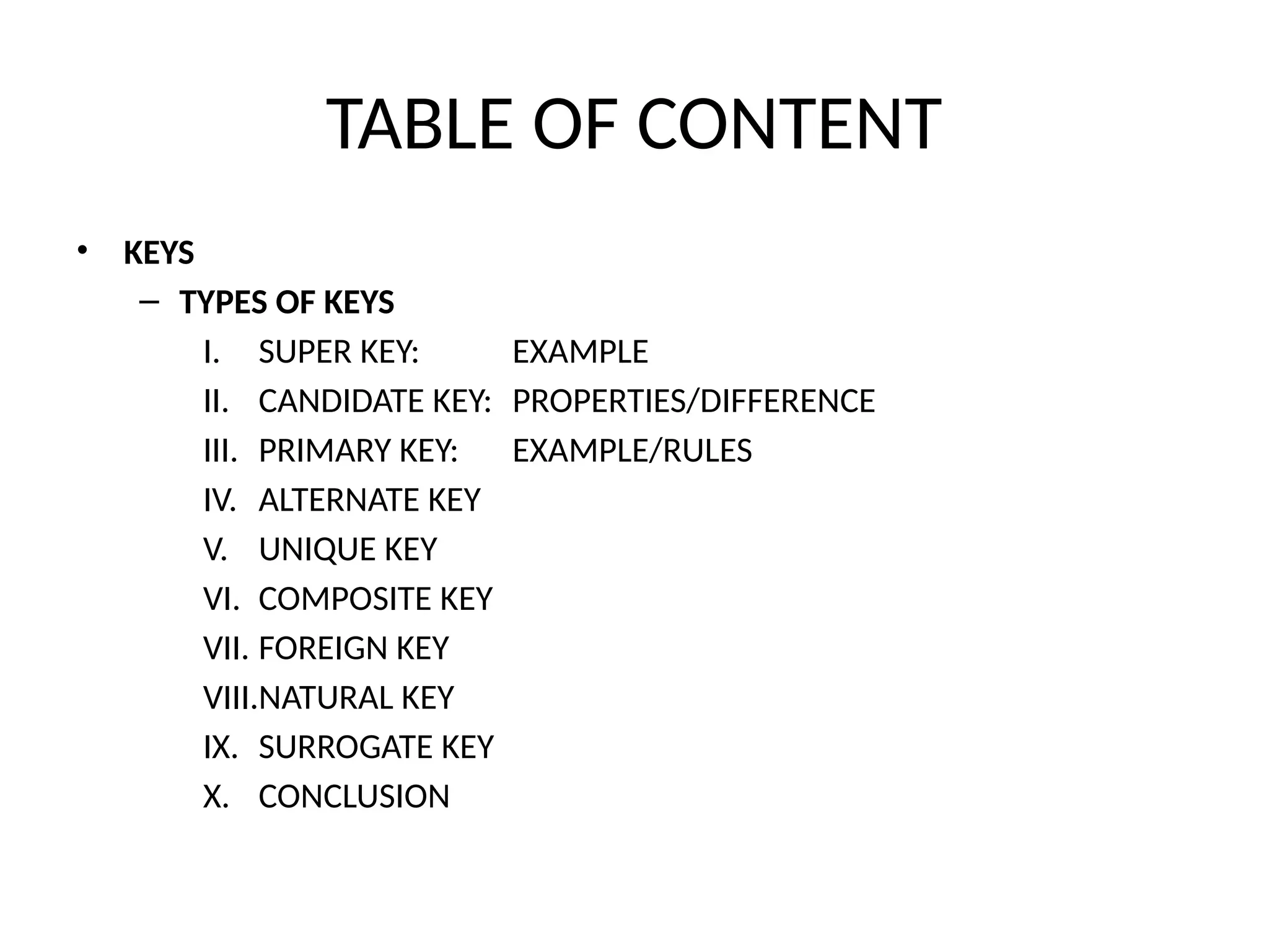 TABLE OF CONTENT
• KEYS
– TYPES OF KEYS
I. SUPER KEY: EXAMPLE
II. CANDIDATE KEY: PROPERTIES/DIFFERENCE
III. PRIMARY KEY: EXAMPLE/RULES
IV. ALTERNATE KEY
V. UNIQUE KEY
VI. COMPOSITE KEY
VII. FOREIGN KEY
VIII.NATURAL KEY
IX. SURROGATE KEY
X. CONCLUSION
 