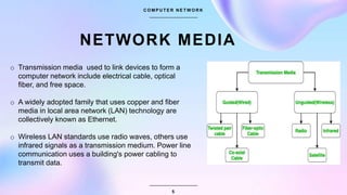 NETWORK MEDIA
C O M P U T E R N E T W O R K
5
o Transmission media used to link devices to form a
computer network include...