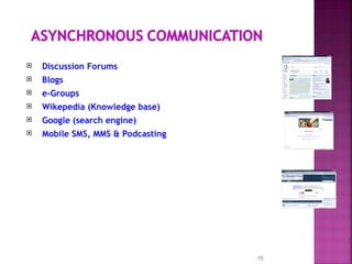  Discussion Forums
 Blogs
 e-Groups
 Wikepedia (Knowledge base)
 Google (search engine)
 Mobile SMS, MMS & Podcasting
15
 