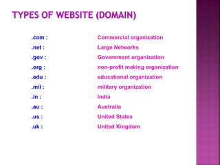 .com : Commercial organization
.net : Large Networks
.gov : Government organization
.org : non-profit making organization
.edu : educational organization
.mil : military organization
.in : India
.au : Australia
.us : United States
.uk : United Kingdom
 