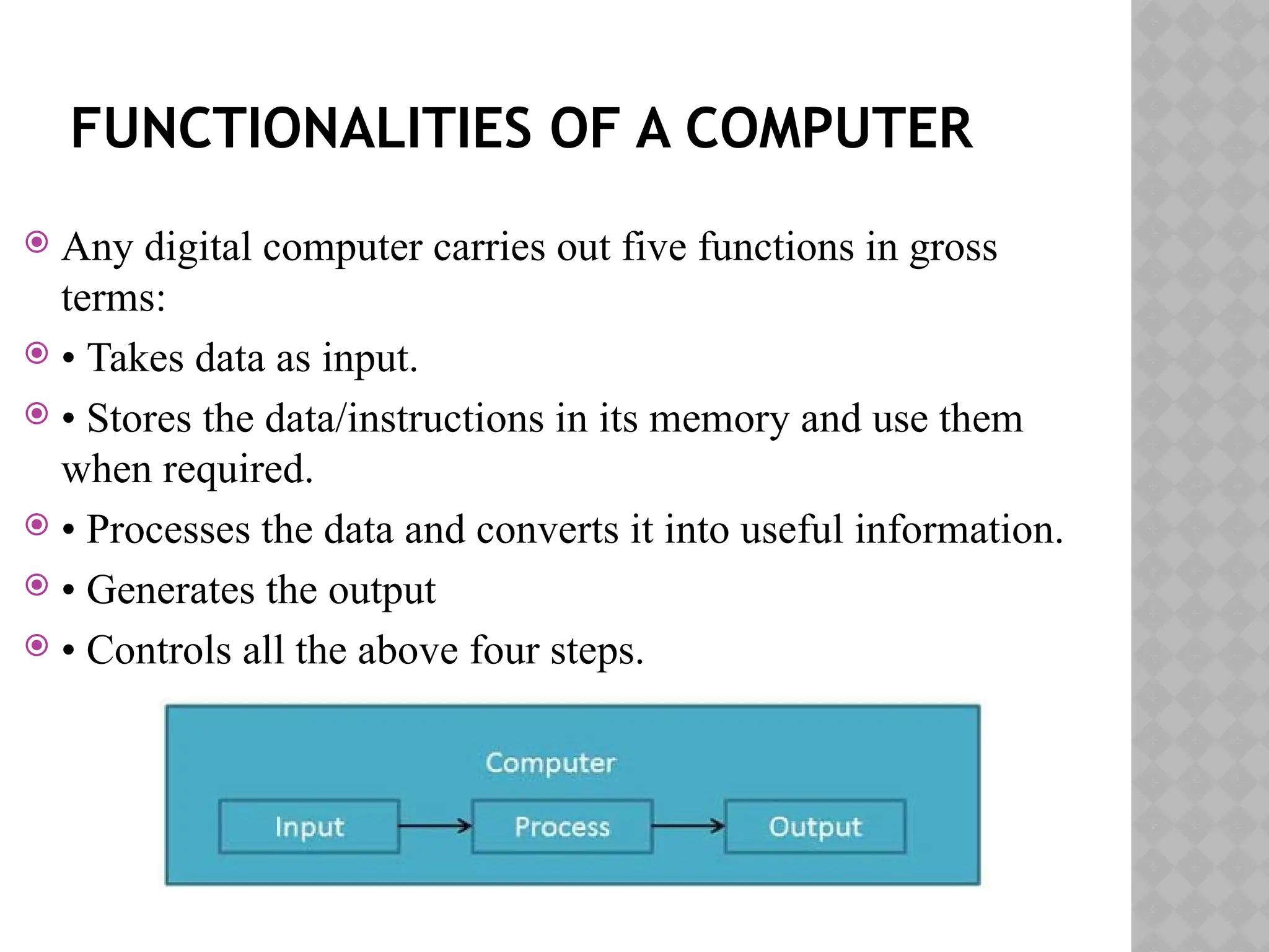 FUNCTIONALITIES OF A COMPUTER
 Any digital computer carries out five functions in gross
terms:
 • Takes data as input.
 • Stores the data/instructions in its memory and use them
when required.
 • Processes the data and converts it into useful information.
 • Generates the output
 • Controls all the above four steps.
 