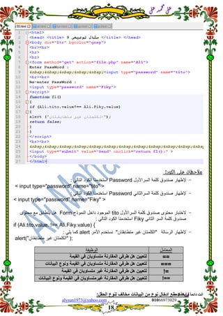 ::6;7966010alysun1973@yahoo.com
18
‫انًمذيخ‬ ٙ‫ف‬ ً‫ب‬ً‫دائ‬ ‫أَذ‬
‫ي‬‫ل‬‫ع‬‫د‬‫م‬‫ح‬‫م‬
‫ي‬‫ل‬‫ع‬
‫مالحظات‬‫على‬‫الكود‬:
-‫إلظهار‬‫صندوق‬‫السر‬ ‫كلمة‬‫األول‬Password: ً‫التال‬ ‫الكود‬ ‫استخدمنا‬
<input type="password" name="tito">
-‫إلظهار‬‫صندوق‬ً‫السرالثان‬ ‫كلمة‬Password: ً‫التال‬ ‫الكود‬ ‫استخدمنا‬
<input type="password" name="Fiky">
-‫الختبار‬‫محتوى‬‫صندوق‬‫السر‬ ‫كلمة‬‫األول‬tito‫الموجود‬‫داخل‬‫النموذج‬Form‫محتوى‬ ‫مع‬ ‫ٌتطابك‬ ‫هل‬
ً‫الثان‬ ‫السر‬ ‫كلمة‬ ‫صندوق‬Fiky: ً‫التال‬ ‫الكود‬ ‫استخدمنا‬
if (Ali.tito.value. !== Ali.Fiky.value) {
-‫إلظهار‬‫الرسالة‬"‫متطابمتان‬ ‫غٌر‬ ‫"الكلمتان‬‫نست‬‫خدم‬‫األمر‬alert: ً‫ٌل‬ ‫كما‬
;("‫متطابمتان‬ ‫غٌر‬ ‫"الكلمتان‬)alert
ً‫ا‬‫رابع‬:‫منع‬‫ادخال‬‫نوع‬‫من‬‫البٌانات‬‫مخالف‬‫لنوع‬‫الحمل‬:
‫المعامل‬‫الوظٌفة‬
==‫المٌمة‬ ً‫ف‬ ‫متساوٌان‬ ‫الممارنة‬ ً‫طرف‬ ‫هل‬ ‫لتعٌٌن‬
===‫البٌانات‬ ‫ونوع‬ ‫المٌمة‬ ً‫ف‬ ‫متساوٌان‬ ‫الممارنة‬ ً‫طرف‬ ‫هل‬ ‫لتعٌٌن‬
!=‫المٌمة‬ ً‫ف‬ ‫متساوٌان‬ ‫غٌر‬ ‫الممارنة‬ ً‫طرف‬ ‫هل‬ ‫لتعٌٌن‬
!==‫هل‬ ‫لتعٌٌن‬‫البٌانات‬ ‫ونوع‬ ‫المٌمة‬ ً‫ف‬ ‫غٌرمتساوٌان‬ ‫الممارنة‬ ً‫طرف‬
 