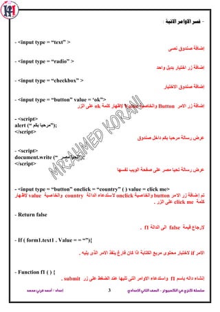 ‫الكمبيوتر‬ ‫في‬‫كنزي‬‫سلسلة‬-‫اإلعدادي‬‫الثاني‬‫الصف‬‫محمد‬ ‫قرني‬‫أحمد‬/‫إعداد‬ 3
-: ‫االتية‬ ‫االوامر‬ ‫فسر‬
- <input type = “text” >
ٝ‫ٔظ‬ ‫طٕذٚق‬ ‫إػافح‬
- <input type = “radio” >
‫ٚاحذ‬ ً‫تذي‬ ‫اخرياس‬ ‫صس‬ ‫إػافح‬
- <input type = “checkbox” >
‫إػافح‬‫طٕذٚق‬‫ا‬‫ال‬‫خرياس‬
- <input type = “button” value = „ok”>
‫االِش‬ ‫صس‬ ‫إػافح‬Button‫ٚاٌخاطيح‬Value‫وٍّح‬ ‫إلظٙاس‬ok‫اٌضس‬ ٍٝ‫ػ‬
- <script>
;”(ُ‫تى‬ ‫ِشحثا‬alert (“
</script>
ُ‫تى‬ ‫ِشحثا‬ ‫سعاٌح‬ ‫ػشع‬‫طٕذٚق‬ ً‫داخ‬
- <script>
;”(‫ِظش‬ ‫ذحيا‬document.write (“
</script>
‫سعاٌح‬ ‫ػشع‬‫ٔفغٙا‬ ‫اٌٛية‬ ‫طفحح‬ ٍٝ‫ػ‬ ‫ِظش‬ ‫ذحيا‬
- <input type = “button” onclick = “country” ( ) value = click me>
‫ِش‬‫اال‬ ‫صس‬ ‫ػافح‬‫إ‬ ُ‫ذ‬button‫طيح‬‫ٚاٌخا‬onclick‫ٌح‬‫اٌذا‬ ‫عرذػاء‬‫ال‬country‫طيح‬‫ٚاٌخا‬value‫ٙاس‬‫إلظ‬
‫وٍّح‬click me. ‫اٌضس‬ ٍٝ‫ػ‬
- Return false
‫ليّح‬ ‫إلسخاع‬false‫اٌذاٌح‬ ٌٝ‫ا‬f1.
- If ( form1.text1 . Value = = “”){
‫االِش‬if‫ارا‬ ‫اٌىراتح‬ ‫ِشتغ‬ ٜٛ‫ِحر‬ ‫الخرثاس‬‫و‬. ٗ‫يٍي‬ ٜ‫اٌز‬ ‫االِش‬ ‫يٕفز‬ ‫فاسؽ‬ ْ‫ا‬
- Function f1 ( ) {
ُ‫تاع‬ ٌٗ‫دا‬ ‫إٔشاء‬f1‫صس‬ ٍٝ‫ػ‬ ‫اٌؼغؾ‬ ‫ػٕذ‬ ‫ذٍيٙا‬ ٝ‫اٌر‬ ‫االٚاِش‬ ‫ٚاعرذػاء‬submit.
 