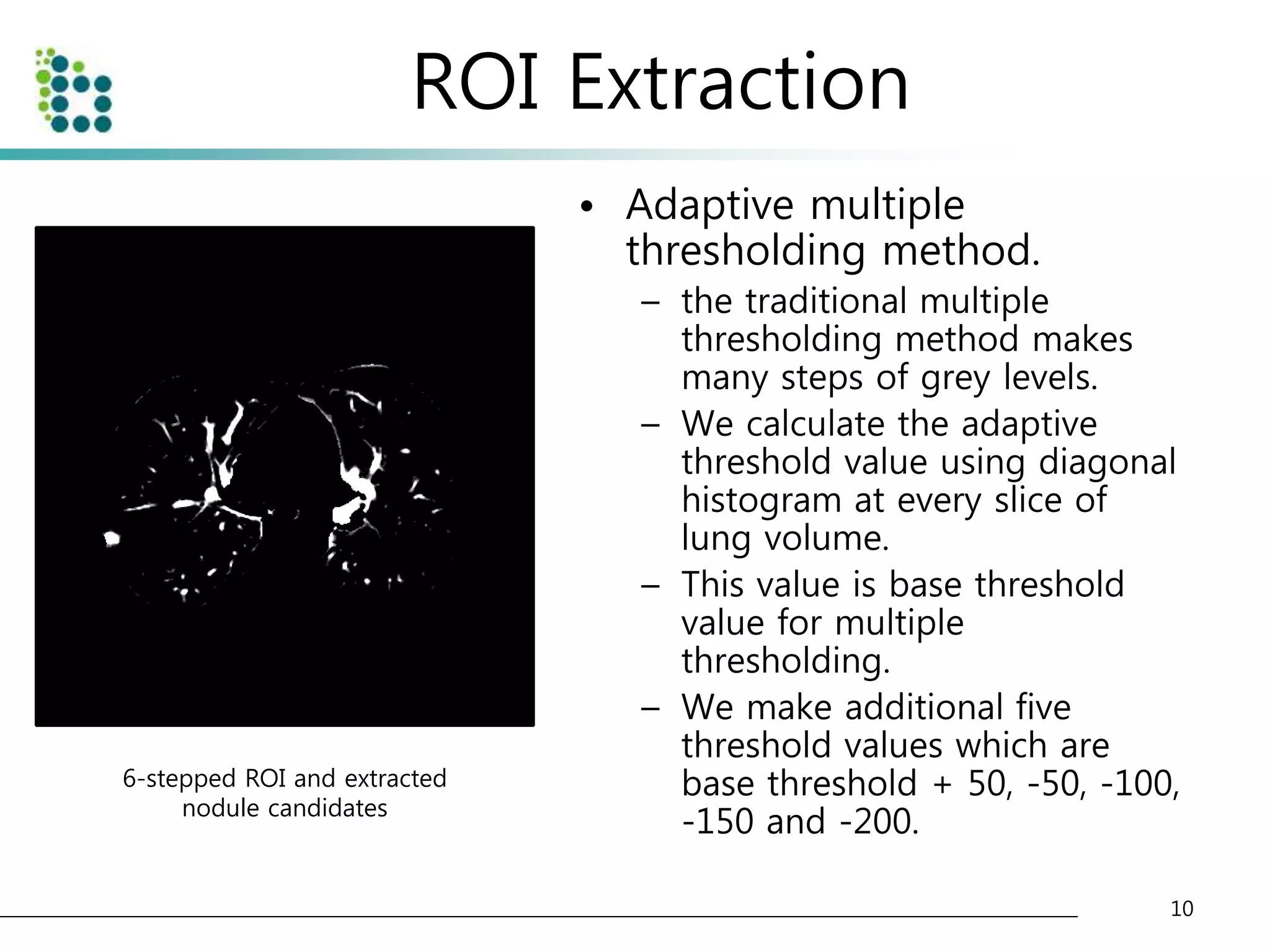 ROI Extraction 
10 
6-stepped ROI and extracted 
nodule candidates 
• Adaptive multiple 
thresholding method. 
– the traditional multiple 
thresholding method makes 
many steps of grey levels. 
– We calculate the adaptive 
threshold value using diagonal 
histogram at every slice of 
lung volume. 
– This value is base threshold 
value for multiple 
thresholding. 
– We make additional five 
threshold values which are 
base threshold + 50, -50, -100, 
-150 and -200. 
 