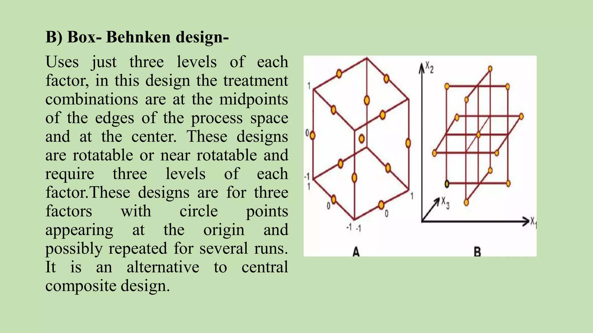 B) Box- Behnken design-
Uses just three levels of each
factor, in this design the treatment
combinations are at the midpoints
of the edges of the process space
and at the center. These designs
are rotatable or near rotatable and
require three levels of each
factor.These designs are for three
factors with circle points
appearing at the origin and
possibly repeated for several runs.
It is an alternative to central
composite design.
 