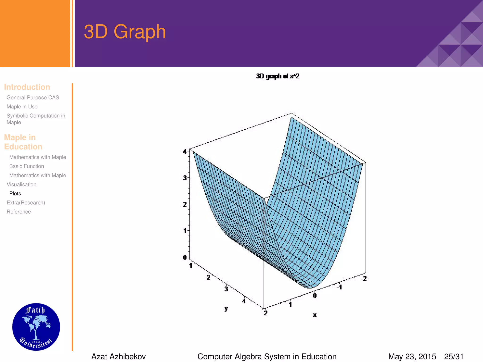 Introduction
General Purpose CAS
Maple in Use
Symbolic Computation in
Maple
Maple in
Education
Mathematics with Maple
Basic Function
Mathematics with Maple
Visualisation
Plots
Extra(Research)
Reference
3D Graph
Azat Azhibekov Computer Algebra System in Education May 23, 2015 25/31
 