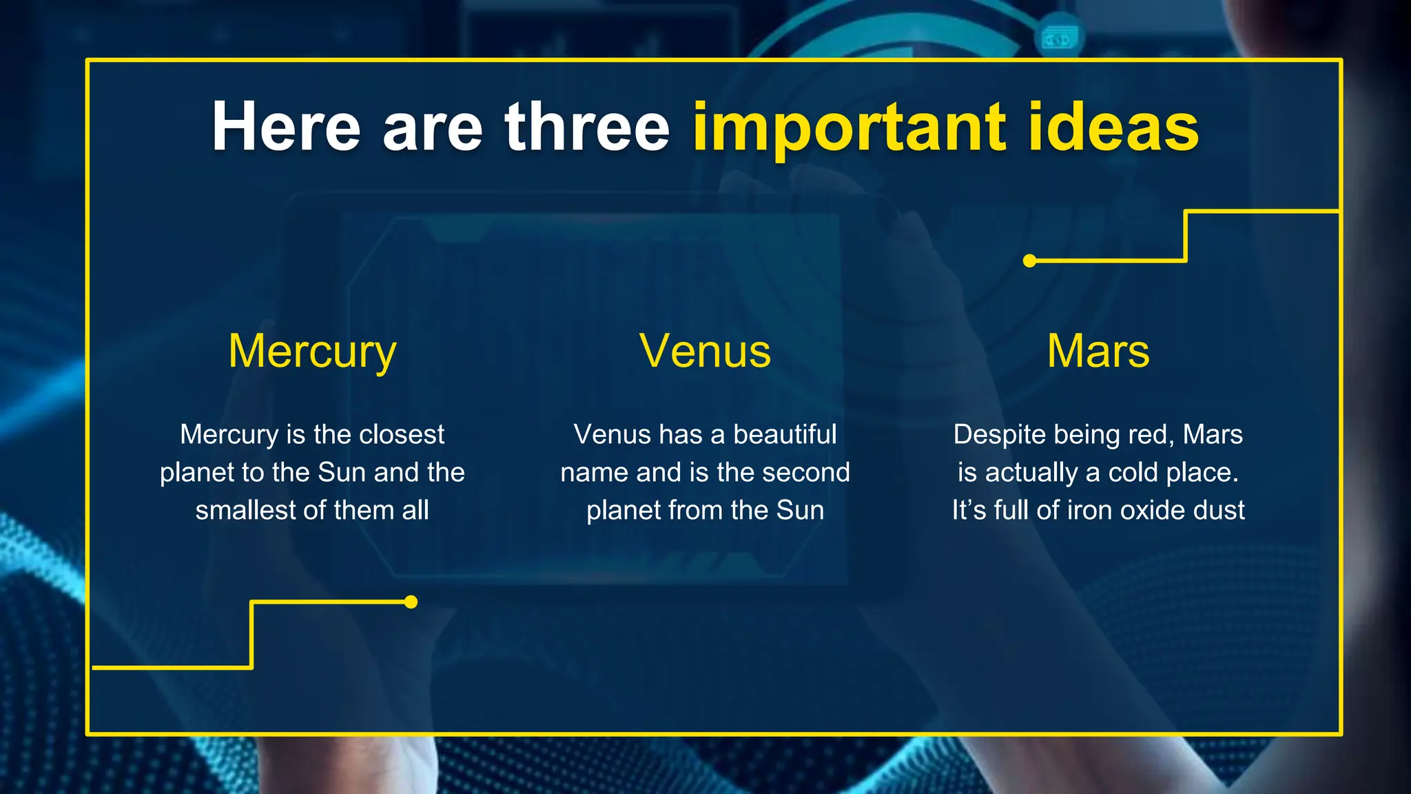 Here are three important ideas
Mercury is the closest
planet to the Sun and the
smallest of them all
Venus has a beautiful
name and is the second
planet from the Sun
Despite being red, Mars
is actually a cold place.
It’s full of iron oxide dust
Mercury Venus Mars
 