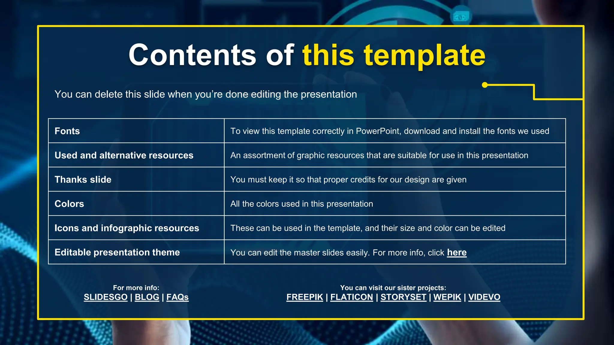 Contents of this template
You can delete this slide when you’re done editing the presentation
Fonts To view this template correctly in PowerPoint, download and install the fonts we used
Used and alternative resources An assortment of graphic resources that are suitable for use in this presentation
Thanks slide You must keep it so that proper credits for our design are given
Colors All the colors used in this presentation
Icons and infographic resources These can be used in the template, and their size and color can be edited
Editable presentation theme You can edit the master slides easily. For more info, click here
For more info:
SLIDESGO | BLOG | FAQs
You can visit our sister projects:
FREEPIK | FLATICON | STORYSET | WEPIK | VIDEVO
 