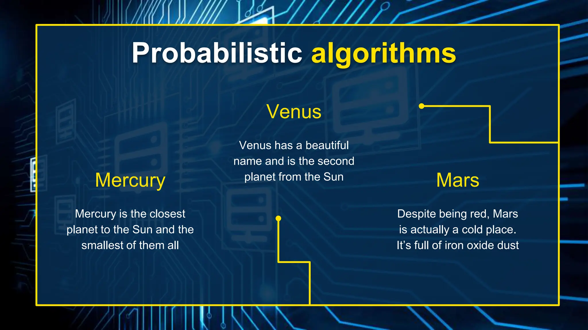 Probabilistic algorithms
Mercury is the closest
planet to the Sun and the
smallest of them all
Venus has a beautiful
name and is the second
planet from the Sun
Despite being red, Mars
is actually a cold place.
It’s full of iron oxide dust
Mercury
Venus
Mars
 