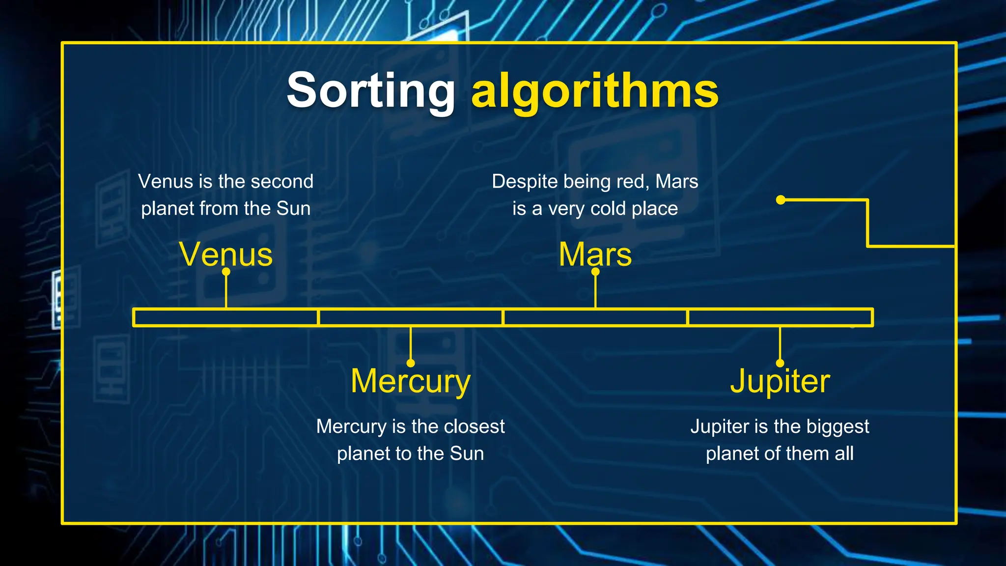 Sorting algorithms
Venus
Venus is the second
planet from the Sun
Mercury
Mercury is the closest
planet to the Sun
Mars
Despite being red, Mars
is a very cold place
Jupiter
Jupiter is the biggest
planet of them all
 