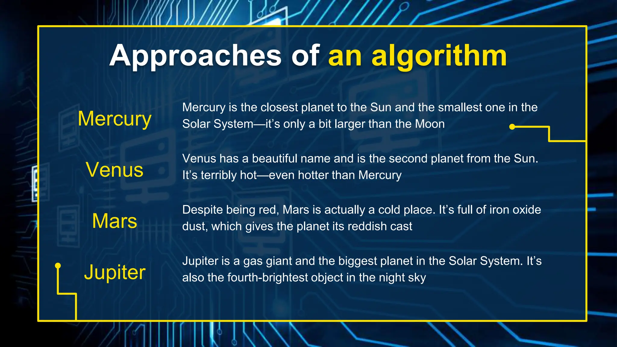 Approaches of an algorithm
Mercury is the closest planet to the Sun and the smallest one in the
Solar System—it’s only a bit larger than the Moon
Venus has a beautiful name and is the second planet from the Sun.
It’s terribly hot—even hotter than Mercury
Despite being red, Mars is actually a cold place. It’s full of iron oxide
dust, which gives the planet its reddish cast
Jupiter is a gas giant and the biggest planet in the Solar System. It’s
also the fourth-brightest object in the night sky
Mercury
Venus
Mars
Jupiter
 