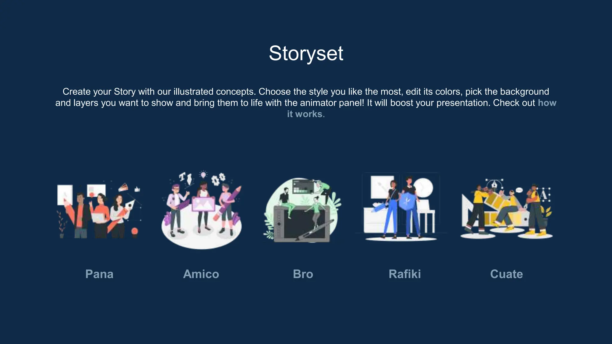 Create your Story with our illustrated concepts. Choose the style you like the most, edit its colors, pick the background
and layers you want to show and bring them to life with the animator panel! It will boost your presentation. Check out how
it works.
Storyset
Pana Amico Bro Rafiki Cuate
 