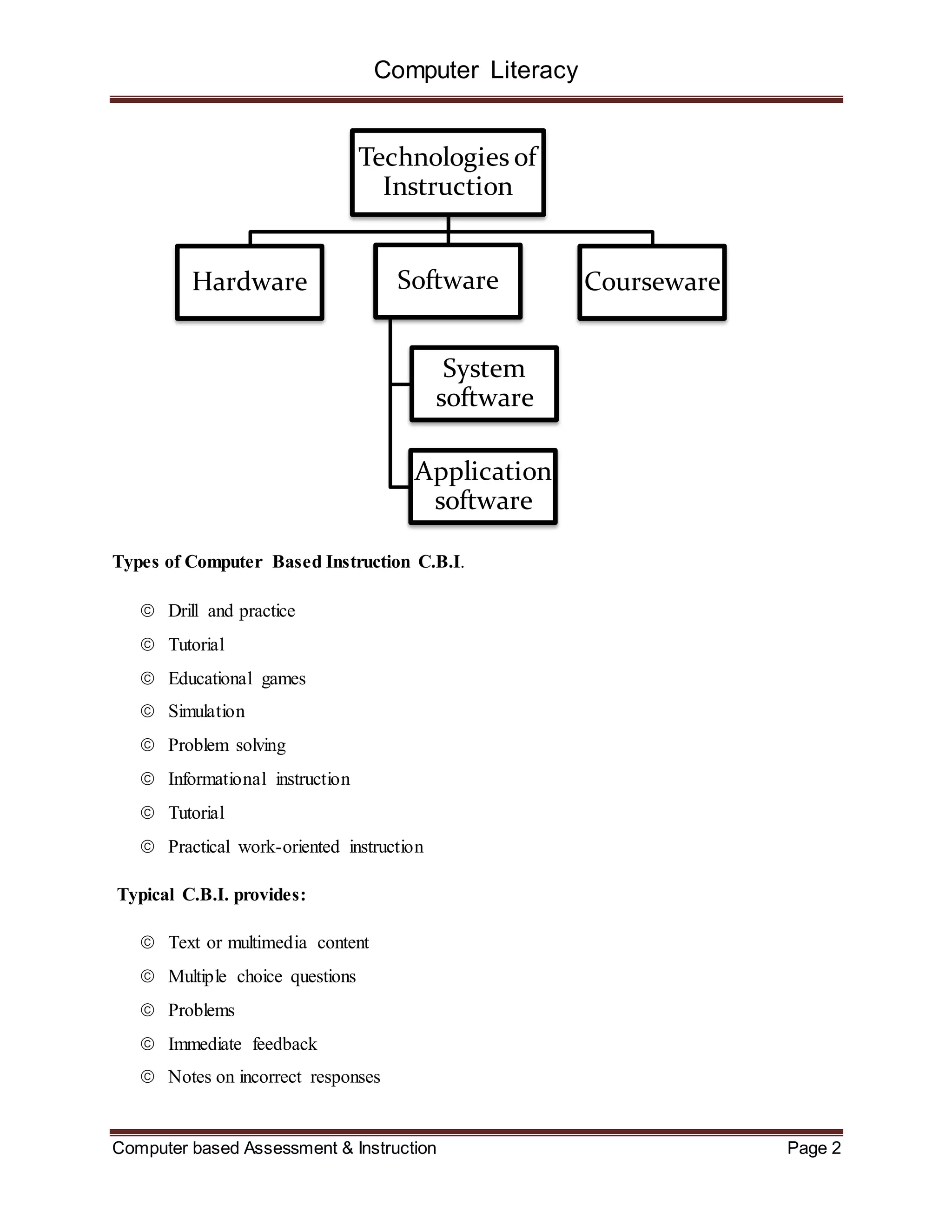 Computer Literacy
Computer based Assessment & Instruction Page 2
Types of Computer Based Instruction C.B.I.
 Drill and practice
 Tutorial
 Educational games
 Simulation
 Problem solving
 Informational instruction
 Tutorial
 Practical work-oriented instruction
Typical C.B.I. provides:
 Text or multimedia content
 Multiple choice questions
 Problems
 Immediate feedback
 Notes on incorrect responses
Technologies of
Instruction
Hardware Software
System
software
Application
software
Courseware
 