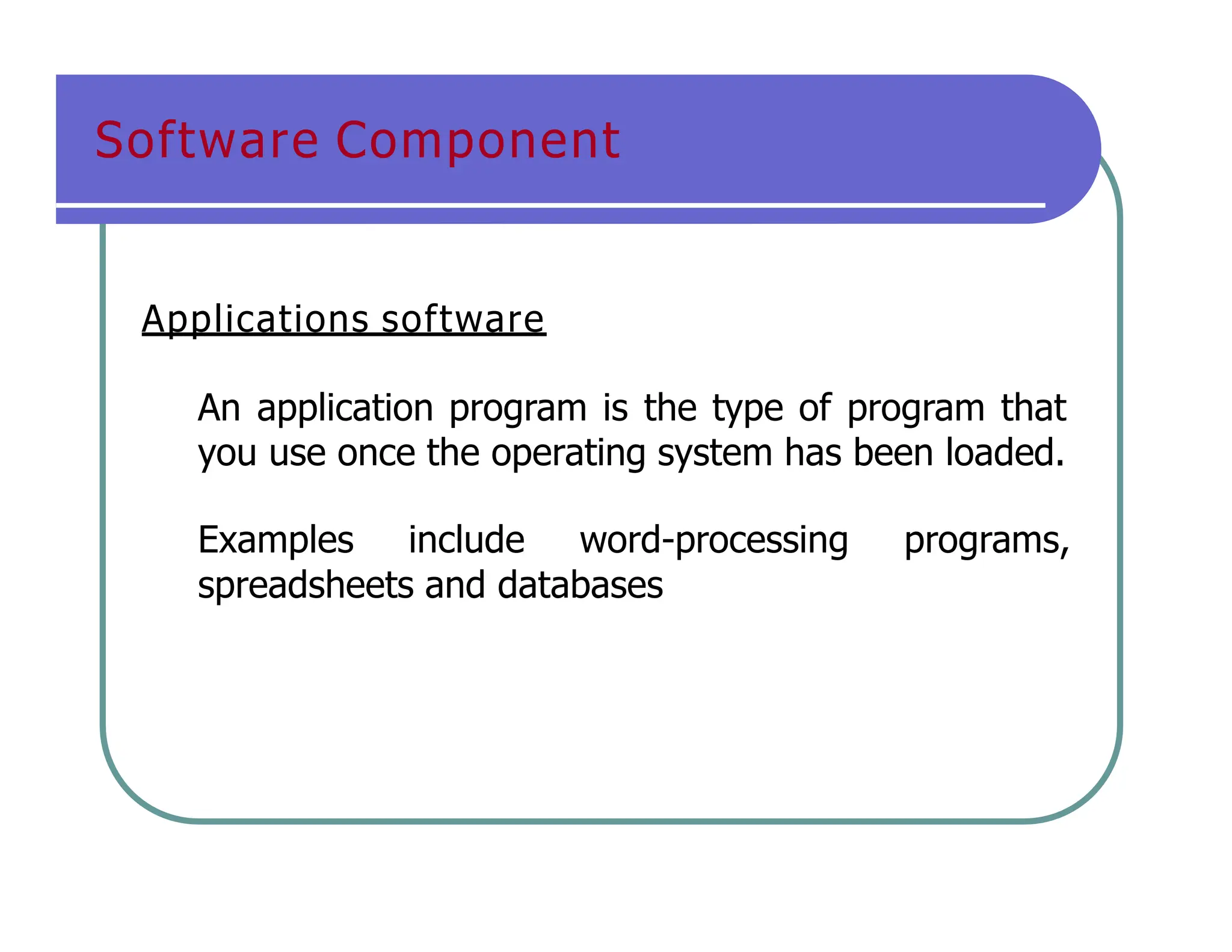 Software Component
Applications software
An application program is the type of program that
you use once the operating system has been loaded.
Examples include word-processing programs,
spreadsheets and databases
 