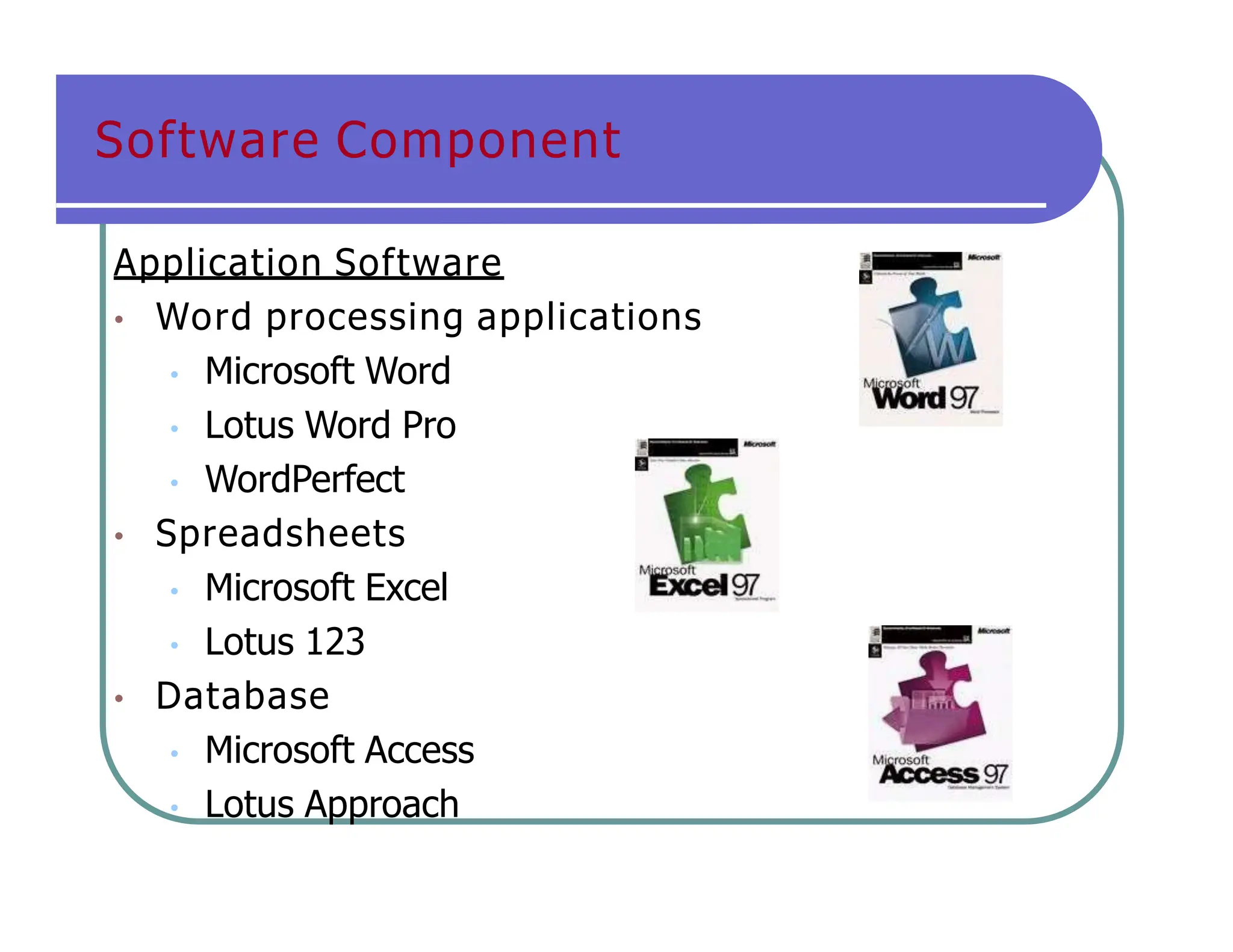Software Component
Application Software
• Word processing applications
• Microsoft Word
• Lotus Word Pro
• WordPerfect
• Spreadsheets
• Microsoft Excel
• Lotus 123
• Database
• Microsoft Access
• Lotus Approach
 