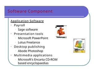 Software Component
Application Software
• Payroll
• Sage software
• Presentation tools
• Microsoft PowerPoint
• Lotus Freelance
• Desktop publishing
• Abode Photoshop
• Multimedia applications
• Microsoft's Encarta CD-ROM
based encyclopaedias
 