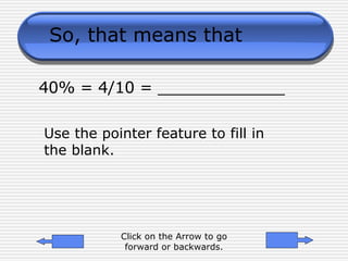 So, that means that  40% = 4/10 = _____________ Use the pointer feature to fill in the blank. Click on the Arrow to go forward or backwards. 