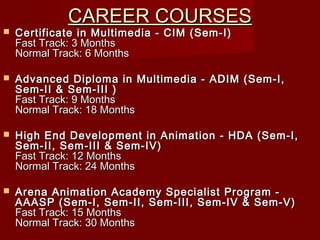 CAREER COURSESCAREER COURSES
 Certificate in Multimedia - CIM (Sem-I)Certificate in Multimedia - CIM (Sem-I)
Fast Track: 3 MonthsFast Track: 3 Months
Normal Track: 6 MonthsNormal Track: 6 Months
 Advanced Diploma in Multimedia - ADIM (Sem-I,Advanced Diploma in Multimedia - ADIM (Sem-I,
Sem-II & Sem-III )Sem-II & Sem-III )
Fast Track: 9 MonthsFast Track: 9 Months
Normal Track: 18 MonthsNormal Track: 18 Months
 High End Development in Animation - HDA (Sem-I,High End Development in Animation - HDA (Sem-I,
Sem-II, Sem-III & Sem-IV)Sem-II, Sem-III & Sem-IV)
Fast Track: 12 MonthsFast Track: 12 Months
Normal Track: 24 MonthsNormal Track: 24 Months
 Arena Animation Academy Specialist Program -Arena Animation Academy Specialist Program -
AAASP (Sem-I, Sem-II, Sem-III, Sem-IV & Sem-V)AAASP (Sem-I, Sem-II, Sem-III, Sem-IV & Sem-V)
Fast Track: 15 MonthsFast Track: 15 Months
Normal Track: 30 MonthsNormal Track: 30 Months
 