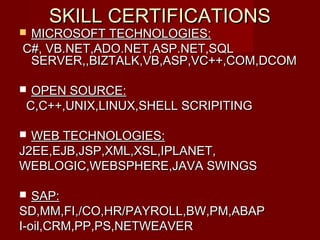 SKILL CERTIFICATIONSSKILL CERTIFICATIONS
 MICROSOFT TECHNOLOGIES:MICROSOFT TECHNOLOGIES:
C#, VB.NET,ADO.NET,ASP.NET,SQLC#, VB.NET,ADO.NET,ASP.NET,SQL
SERVER,,BIZTALK,VB,ASP,VC++,COM,DCOMSERVER,,BIZTALK,VB,ASP,VC++,COM,DCOM
 OPEN SOURCE:OPEN SOURCE:
C,C++,UNIX,LINUX,SHELL SCRIPITINGC,C++,UNIX,LINUX,SHELL SCRIPITING
 WEB TECHNOLOGIES:WEB TECHNOLOGIES:
J2EE,EJB,JSP,XML,XSL,IPLANET,J2EE,EJB,JSP,XML,XSL,IPLANET,
WEBLOGIC,WEBSPHERE,JAVA SWINGSWEBLOGIC,WEBSPHERE,JAVA SWINGS
 SAP:SAP:
SD,MM,FI,/CO,HR/PAYROLL,BW,PM,ABAPSD,MM,FI,/CO,HR/PAYROLL,BW,PM,ABAP
I-oil,CRM,PP,PS,NETWEAVERI-oil,CRM,PP,PS,NETWEAVER
 