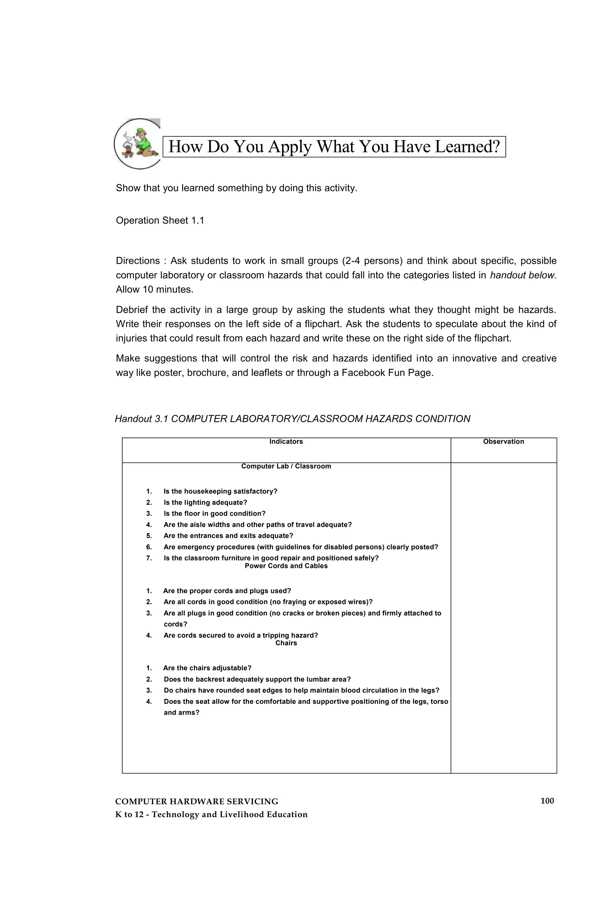 How Do You Apply What You Have Learned?
Show that you learned something by doing this activity.
Operation Sheet 1.1
Directions : Ask students to work in small groups (2-4 persons) and think about specific, possible
computer laboratory or classroom hazards that could fall into the categories listed in handout below.
Allow 10 minutes.
Debrief the activity in a large group by asking the students what they thought might be hazards.
Write their responses on the left side of a flipchart. Ask the students to speculate about the kind of
injuries that could result from each hazard and write these on the right side of the flipchart.
Make suggestions that will control the risk and hazards identified into an innovative and creative
way like poster, brochure, and leaflets or through a Facebook Fun Page.
Handout 3.1 COMPUTER LABORATORY/CLASSROOM HAZARDS CONDITION
Indicators Observation
Computer Lab / Classroom
1. Is the housekeeping satisfactory?
2. Is the lighting adequate?
3. Is the floor in good condition?
4. Are the aisle widths and other paths of travel adequate?
5. Are the entrances and exits adequate?
6. Are emergency procedures (with guidelines for disabled persons) clearly posted?
7. Is the classroom furniture in good repair and positioned safely?
Power Cords and Cables
1. Are the proper cords and plugs used?
2. Are all cords in good condition (no fraying or exposed wires)?
3. Are all plugs in good condition (no cracks or broken pieces) and firmly attached to
cords?
4. Are cords secured to avoid a tripping hazard?
Chairs
1. Are the chairs adjustable?
2. Does the backrest adequately support the lumbar area?
3. Do chairs have rounded seat edges to help maintain blood circulation in the legs?
4. Does the seat allow for the comfortable and supportive positioning of the legs, torso
and arms?
COMPUTER HARDWARE SERVICING
K to 12 - Technology and Livelihood Education
100
 
