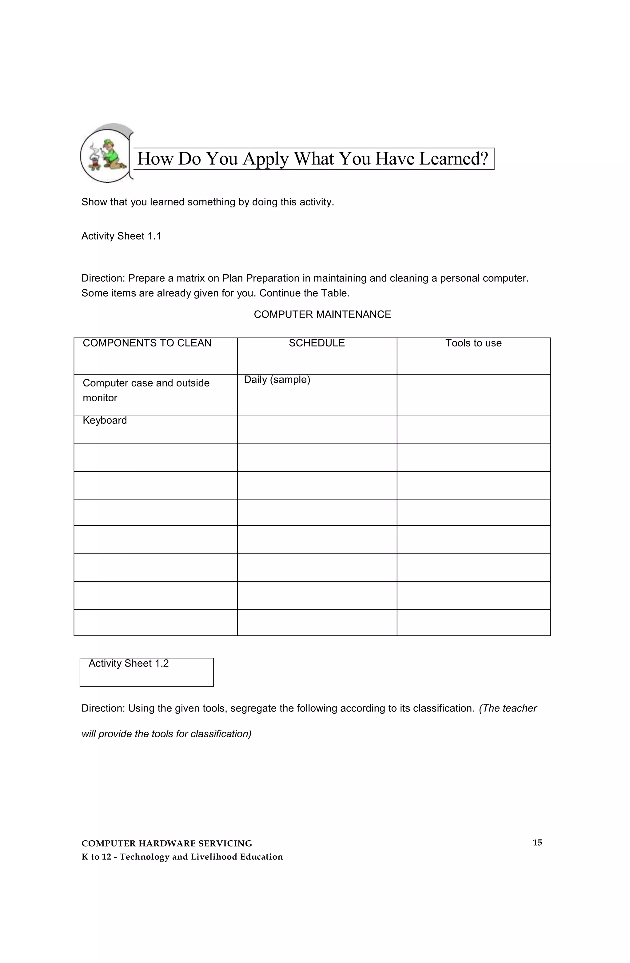 How Do You Apply What You Have Learned?
Show that you learned something by doing this activity.
Activity Sheet 1.1
Direction: Prepare a matrix on Plan Preparation in maintaining and cleaning a personal computer.
Some items are already given for you. Continue the Table.
COMPUTER MAINTENANCE
COMPONENTS TO CLEAN SCHEDULE Tools to use
Computer case and outside
monitor
Daily (sample)
Keyboard
Activity Sheet 1.2
Direction: Using the given tools, segregate the following according to its classification. (The teacher
will provide the tools for classification)
COMPUTER HARDWARE SERVICING
K to 12 - Technology and Livelihood Education
15
 