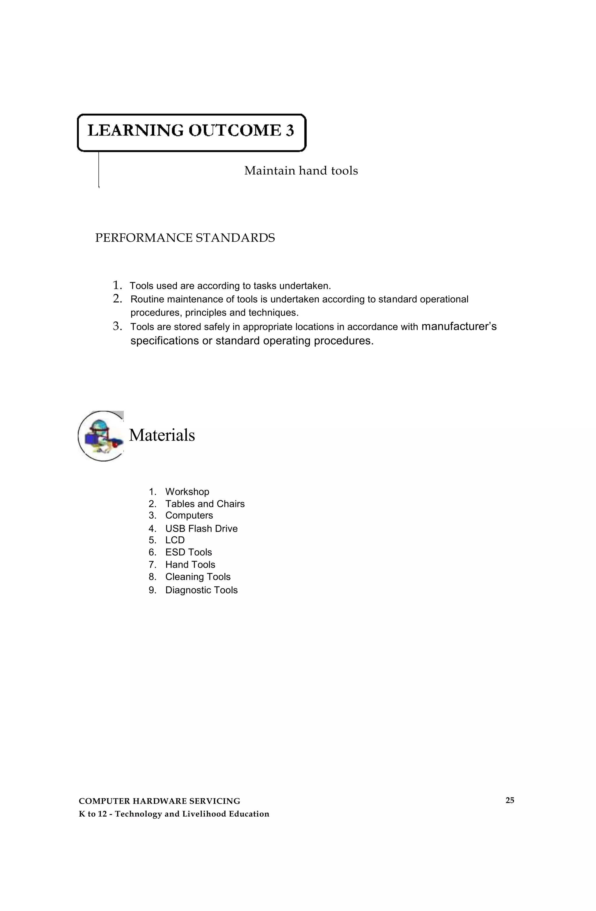Maintain hand tools
PERFORMANCE STANDARDS
1. Tools used are according to tasks undertaken.
2. Routine maintenance of tools is undertaken according to standard operational
procedures, principles and techniques.
3. Tools are stored safely in appropriate locations in accordance with manufacturer’s
specifications or standard operating procedures.
Materials
1. Workshop
2. Tables and Chairs
3. Computers
4. USB Flash Drive
5. LCD
6. ESD Tools
7. Hand Tools
8. Cleaning Tools
9. Diagnostic Tools
COMPUTER HARDWARE SERVICING
K to 12 - Technology and Livelihood Education
25
 