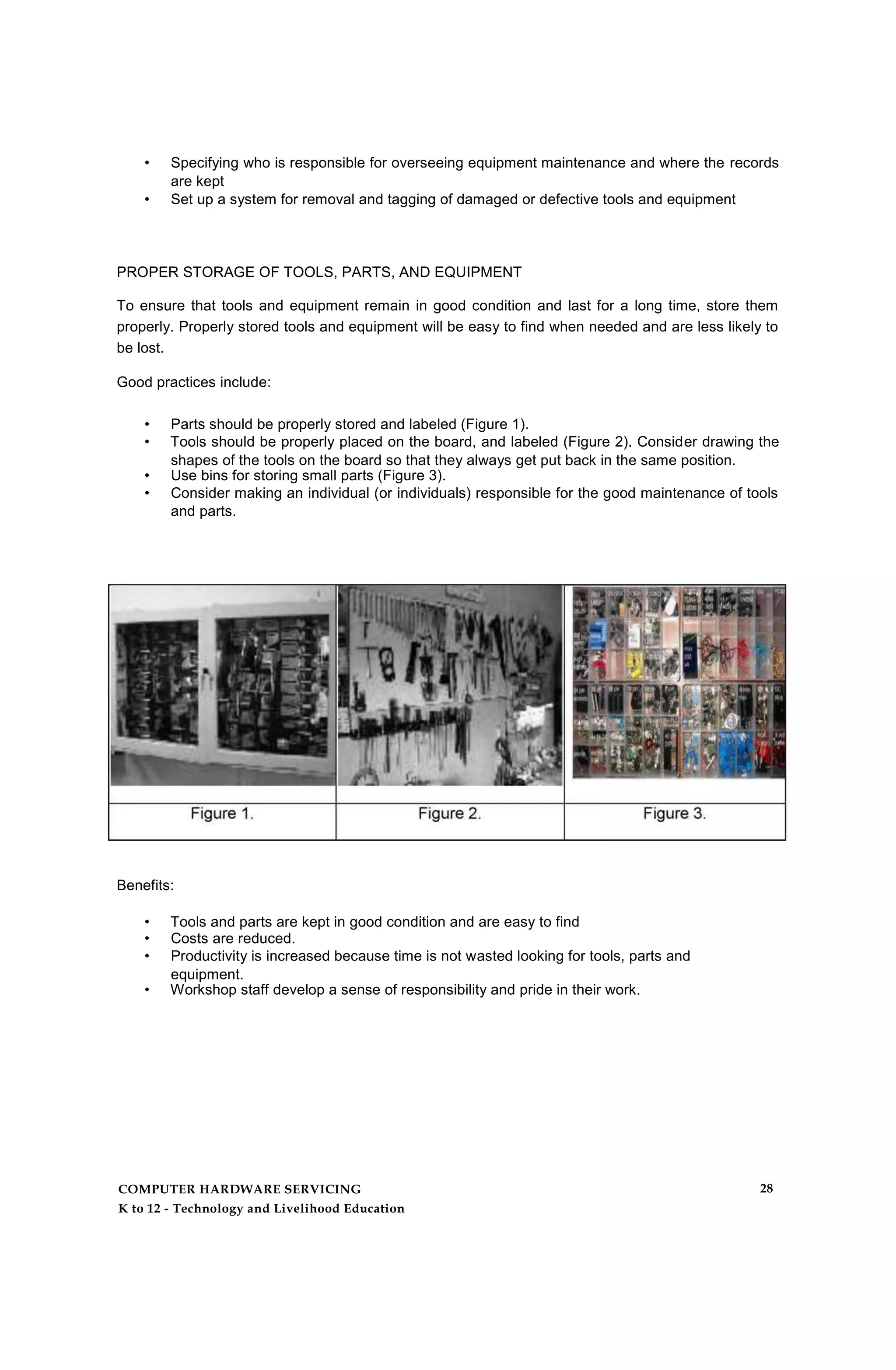 • Specifying who is responsible for overseeing equipment maintenance and where the records
are kept
• Set up a system for removal and tagging of damaged or defective tools and equipment
PROPER STORAGE OF TOOLS, PARTS, AND EQUIPMENT
To ensure that tools and equipment remain in good condition and last for a long time, store them
properly. Properly stored tools and equipment will be easy to find when needed and are less likely to
be lost.
Good practices include:
• Parts should be properly stored and labeled (Figure 1).
• Tools should be properly placed on the board, and labeled (Figure 2). Consider drawing the
shapes of the tools on the board so that they always get put back in the same position.
• Use bins for storing small parts (Figure 3).
• Consider making an individual (or individuals) responsible for the good maintenance of tools
and parts.
Benefits:
• Tools and parts are kept in good condition and are easy to find
• Costs are reduced.
• Productivity is increased because time is not wasted looking for tools, parts and
equipment.
• Workshop staff develop a sense of responsibility and pride in their work.
COMPUTER HARDWARE SERVICING
K to 12 - Technology and Livelihood Education
28
 