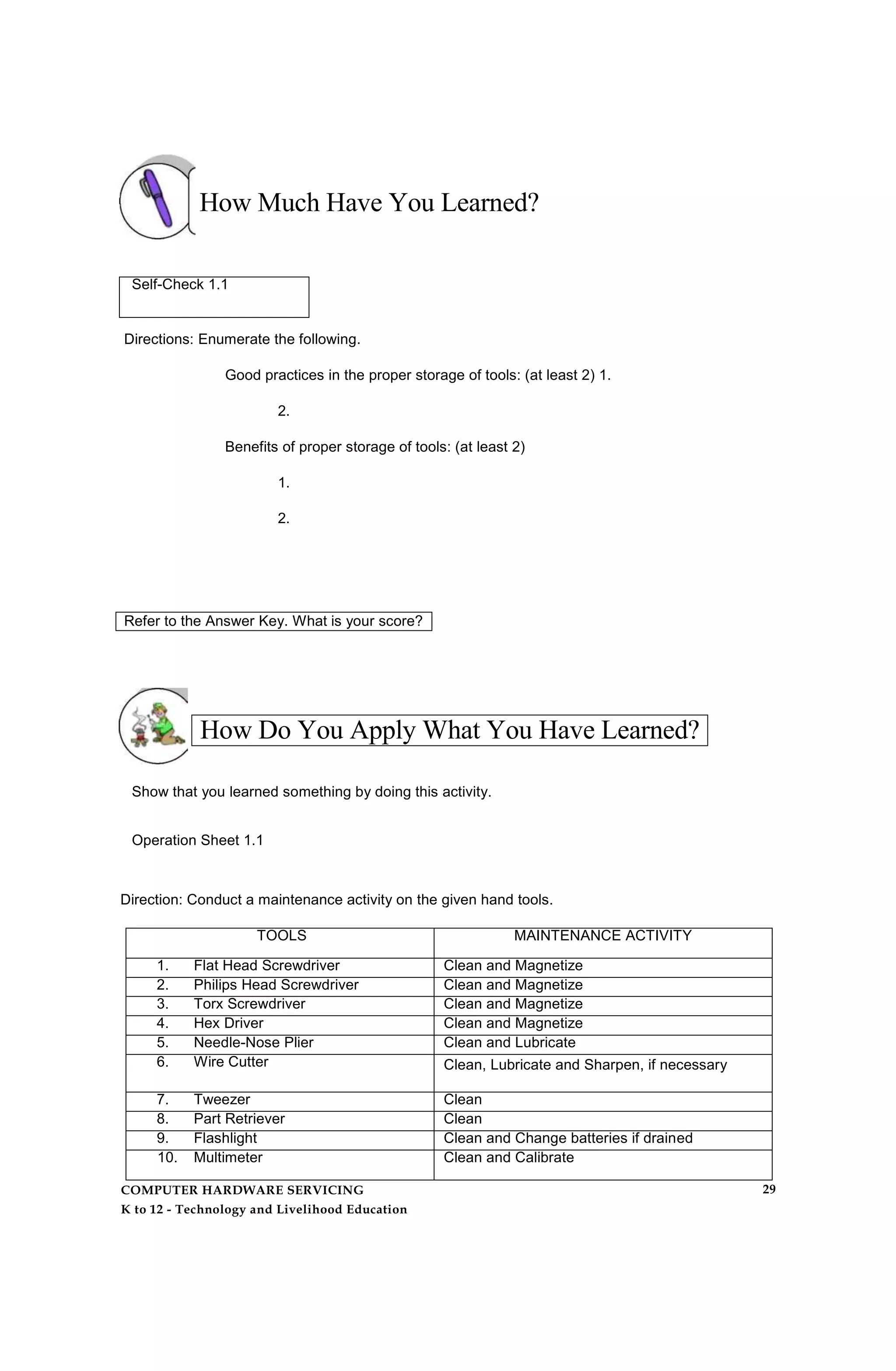 How Much Have You Learned?
Self-Check 1.1
Directions: Enumerate the following.
Good practices in the proper storage of tools: (at least 2) 1.
2.
Benefits of proper storage of tools: (at least 2)
1.
2.
Refer to the Answer Key. What is your score?
How Do You Apply What You Have Learned?
Show that you learned something by doing this activity.
Operation Sheet 1.1
Direction: Conduct a maintenance activity on the given hand tools.
TOOLS MAINTENANCE ACTIVITY
1. Flat Head Screwdriver Clean and Magnetize
2. Philips Head Screwdriver Clean and Magnetize
3. Torx Screwdriver Clean and Magnetize
4. Hex Driver Clean and Magnetize
5. Needle-Nose Plier Clean and Lubricate
6. Wire Cutter Clean, Lubricate and Sharpen, if necessary
7. Tweezer Clean
8. Part Retriever Clean
9. Flashlight Clean and Change batteries if drained
10. Multimeter Clean and Calibrate
COMPUTER HARDWARE SERVICING
K to 12 - Technology and Livelihood Education
29
 