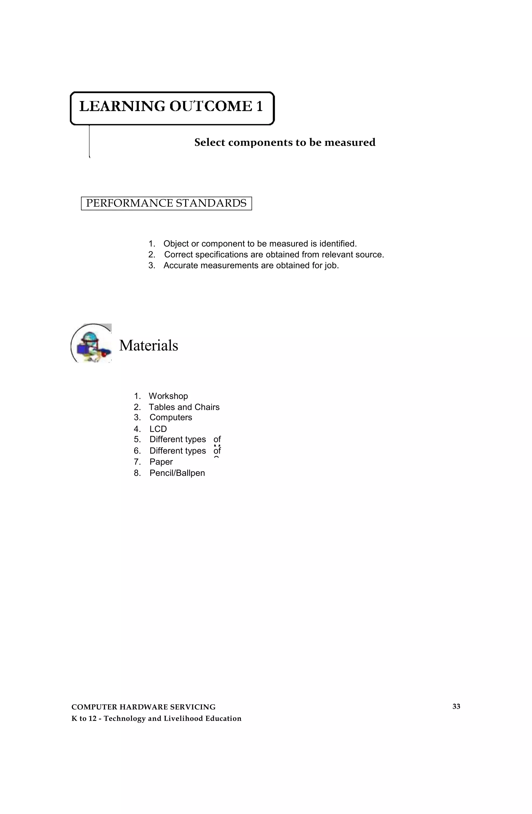 Select components to be measured
PERFORMANCE STANDARDS
1. Object or component to be measured is identified.
2. Correct specifications are obtained from relevant source.
3. Accurate measurements are obtained for job.
Materials
1. Workshop
2. Tables and Chairs
3. Computers
4. LCD
5. Different types of
M6. Different types of
S7. Paper
8. Pencil/Ballpen
COMPUTER HARDWARE SERVICING
K to 12 - Technology and Livelihood Education
33
 