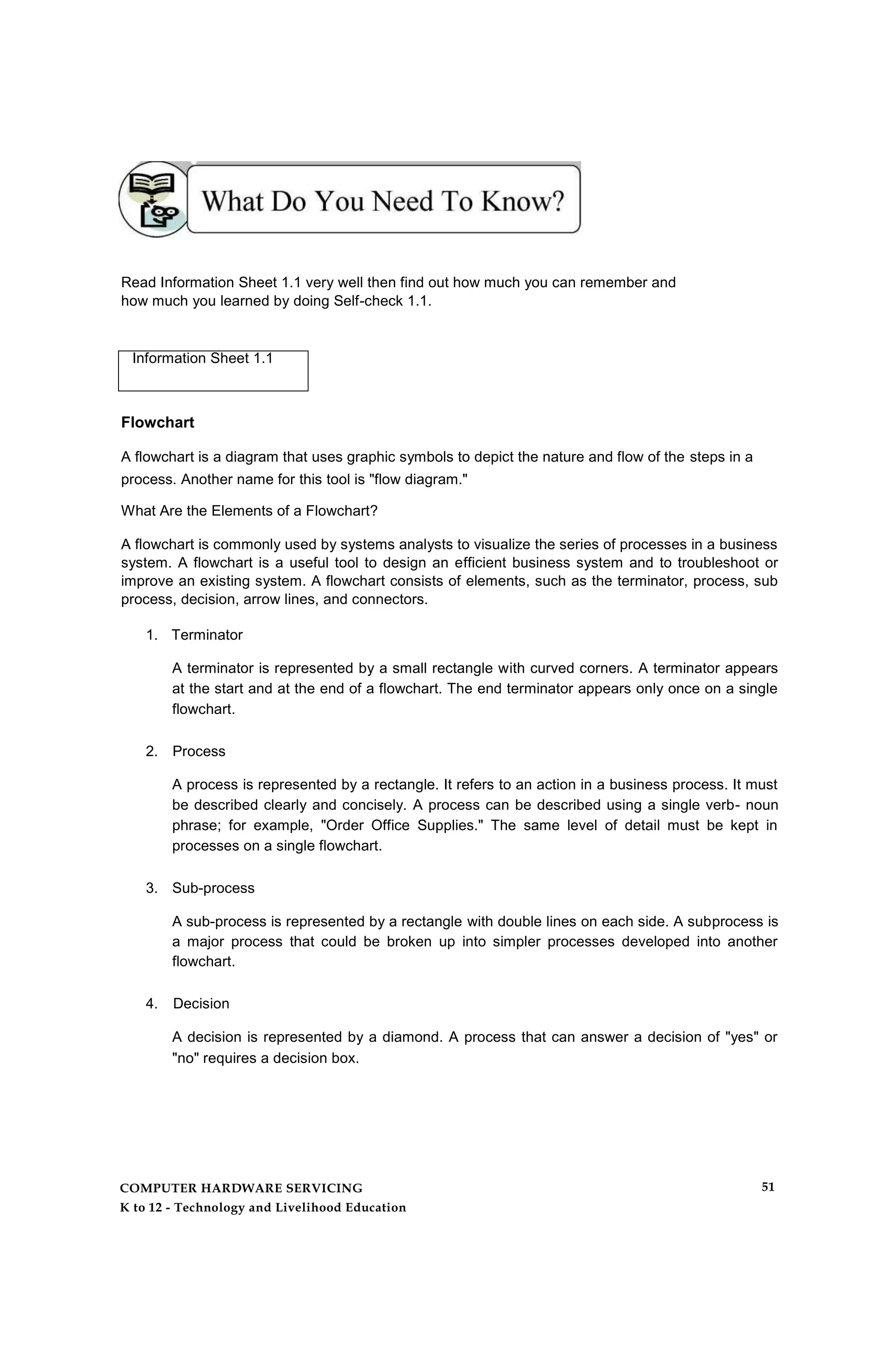 Read Information Sheet 1.1 very well then find out how much you can remember and
how much you learned by doing Self-check 1.1.
Information Sheet 1.1
Flowchart
A flowchart is a diagram that uses graphic symbols to depict the nature and flow of the steps in a
process. Another name for this tool is "flow diagram."
What Are the Elements of a Flowchart?
A flowchart is commonly used by systems analysts to visualize the series of processes in a business
system. A flowchart is a useful tool to design an efficient business system and to troubleshoot or
improve an existing system. A flowchart consists of elements, such as the terminator, process, sub
process, decision, arrow lines, and connectors.
1. Terminator
A terminator is represented by a small rectangle with curved corners. A terminator appears
at the start and at the end of a flowchart. The end terminator appears only once on a single
flowchart.
2. Process
A process is represented by a rectangle. It refers to an action in a business process. It must
be described clearly and concisely. A process can be described using a single verb- noun
phrase; for example, "Order Office Supplies." The same level of detail must be kept in
processes on a single flowchart.
3. Sub-process
A sub-process is represented by a rectangle with double lines on each side. A subprocess is
a major process that could be broken up into simpler processes developed into another
flowchart.
4. Decision
A decision is represented by a diamond. A process that can answer a decision of "yes" or
"no" requires a decision box.
COMPUTER HARDWARE SERVICING
K to 12 - Technology and Livelihood Education
51
 