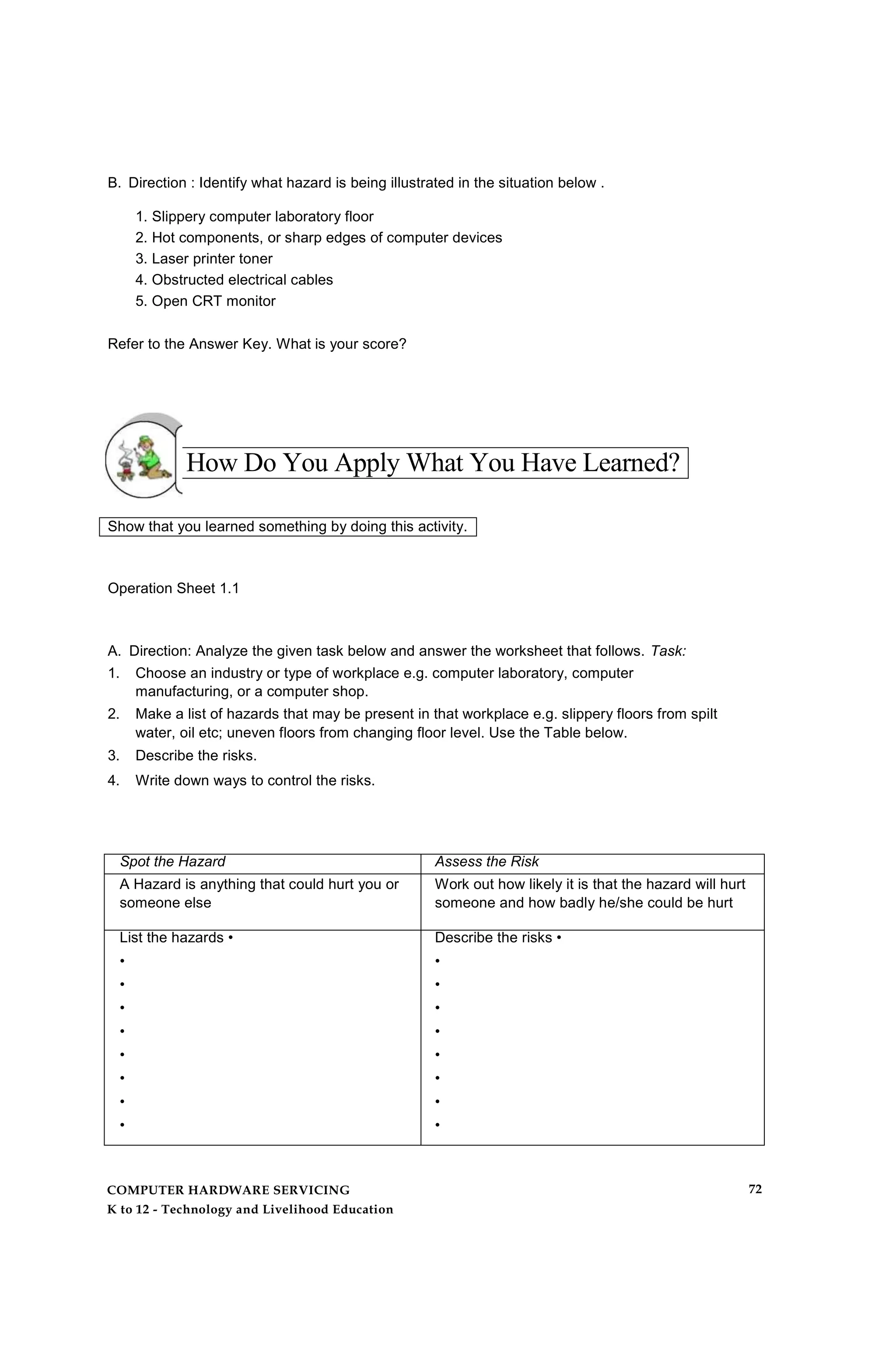 B. Direction : Identify what hazard is being illustrated in the situation below .
1. Slippery computer laboratory floor
2. Hot components, or sharp edges of computer devices
3. Laser printer toner
4. Obstructed electrical cables
5. Open CRT monitor
Refer to the Answer Key. What is your score?
How Do You Apply What You Have Learned?
Show that you learned something by doing this activity.
Operation Sheet 1.1
A. Direction: Analyze the given task below and answer the worksheet that follows. Task:
1. Choose an industry or type of workplace e.g. computer laboratory, computer
manufacturing, or a computer shop.
2. Make a list of hazards that may be present in that workplace e.g. slippery floors from spilt
water, oil etc; uneven floors from changing floor level. Use the Table below.
3. Describe the risks.
4. Write down ways to control the risks.
Spot the Hazard Assess the Risk
A Hazard is anything that could hurt you or
someone else
Work out how likely it is that the hazard will hurt
someone and how badly he/she could be hurt
List the hazards •
•
•
•
•
•
•
•
•
Describe the risks •
•
•
•
•
•
•
•
•
COMPUTER HARDWARE SERVICING
K to 12 - Technology and Livelihood Education
72
 