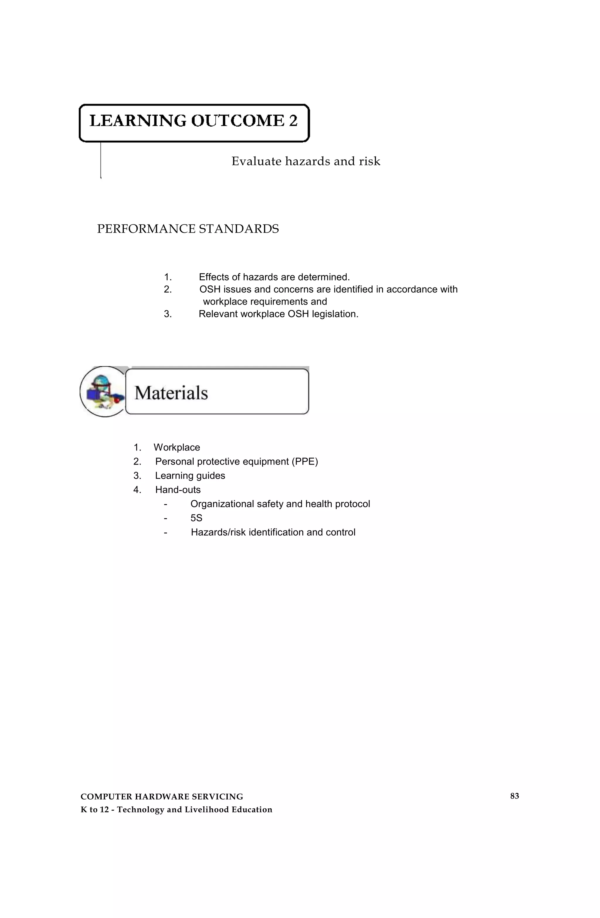 Evaluate hazards and risk
PERFORMANCE STANDARDS
1. Effects of hazards are determined.
2. OSH issues and concerns are identified in accordance with
workplace requirements and
3. Relevant workplace OSH legislation.
1. Workplace
2. Personal protective equipment (PPE)
3. Learning guides
4. Hand-outs
- Organizational safety and health protocol
- 5S
- Hazards/risk identification and control
COMPUTER HARDWARE SERVICING
K to 12 - Technology and Livelihood Education
83
 