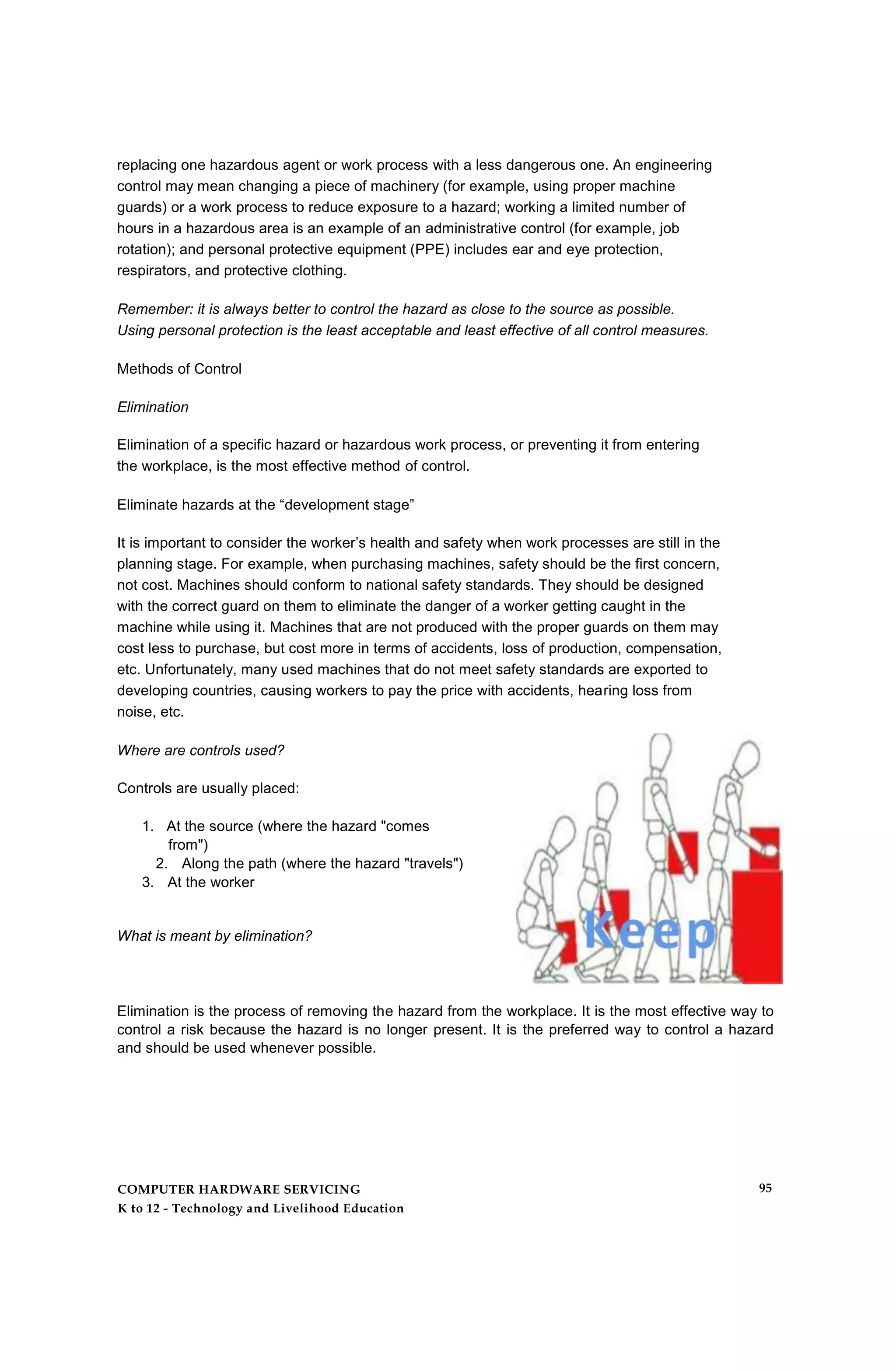 replacing one hazardous agent or work process with a less dangerous one. An engineering
control may mean changing a piece of machinery (for example, using proper machine
guards) or a work process to reduce exposure to a hazard; working a limited number of
hours in a hazardous area is an example of an administrative control (for example, job
rotation); and personal protective equipment (PPE) includes ear and eye protection,
respirators, and protective clothing.
Remember: it is always better to control the hazard as close to the source as possible.
Using personal protection is the least acceptable and least effective of all control measures.
Methods of Control
Elimination
Elimination of a specific hazard or hazardous work process, or preventing it from entering
the workplace, is the most effective method of control.
Eliminate hazards at the “development stage”
It is important to consider the worker’s health and safety when work processes are still in the
planning stage. For example, when purchasing machines, safety should be the first concern,
not cost. Machines should conform to national safety standards. They should be designed
with the correct guard on them to eliminate the danger of a worker getting caught in the
machine while using it. Machines that are not produced with the proper guards on them may
cost less to purchase, but cost more in terms of accidents, loss of production, compensation,
etc. Unfortunately, many used machines that do not meet safety standards are exported to
developing countries, causing workers to pay the price with accidents, hearing loss from
noise, etc.
Where are controls used?
Controls are usually placed:
1. At the source (where the hazard "comes
from")
2. Along the path (where the hazard "travels")
3. At the worker
What is meant by elimination?
Elimination is the process of removing the hazard from the workplace. It is the most effective way to
control a risk because the hazard is no longer present. It is the preferred way to control a hazard
and should be used whenever possible.
COMPUTER HARDWARE SERVICING
K to 12 - Technology and Livelihood Education
95
 
