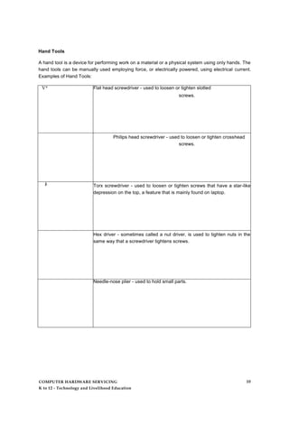 Hand Tools
A hand tool is a device for performing work on a material or a physical system using only hands. The
hand tools can be manually used employing force, or electrically powered, using electrical current.
Examples of Hand Tools:
V* Flat head screwdriver - used to loosen or tighten slotted
screws.
Philips head screwdriver - used to loosen or tighten crosshead
screws.
Is Torx screwdriver - used to loosen or tighten screws that have a star-like
depression on the top, a feature that is mainly found on laptop.
Hex driver - sometimes called a nut driver, is used to tighten nuts in the
same way that a screwdriver tightens screws.
Needle-nose plier - used to hold small parts.
COMPUTER HARDWARE SERVICING
K to 12 - Technology and Livelihood Education
10
 