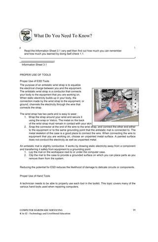What Do You Need To Know?
s 
Read the Information Sheet 3.1 very well then find out how much you can remember
and how much you learned by doing Self-check 1.1.
Information Sheet 3.1
PROPER USE OF TOOLS
Proper Use of ESD Tools
The purpose of an antistatic wrist strap is to equalize
the electrical charge between you and the equipment.
The antistatic wrist strap is a conductor that connects
your body to the equipment that you are working on.
When static electricity builds up in your body, the
connection made by the wrist strap to the equipment, or
ground, channels the electricity through the wire that
connects the strap.
The wrist strap has two parts and is easy to wear:
1. Wrap the strap around your wrist and secure it
using the snap or Velcro. The metal on the back
of the wrist strap must remain in contact with your skin at all times.
2. Snap the connector at the end of the wire to the wrist strap, and connect the other end either
to the equipment or to the same grounding point that the antistatic mat is connected to. The
metal skeleton of the case is a good place to connect the wire. When connecting the wire to
equipment that you are working on, choose an unpainted metal surface. A painted surface
does not conduct the electricity as well as unpainted metal.
An antistatic mat is slightly conductive. It works by drawing static electricity away from a component
and transferring it safely from equipment to a grounding point:
1. Lay the mat on the workspace next to or under the computer case.
2. Clip the mat to the case to provide a grounded surface on which you can place parts as you
remove them from the system.
Reducing the potential for ESD reduces the likelihood of damage to delicate circuits or components.
Proper Use of Hand Tools
A technician needs to be able to properly use each tool in the toolkit. This topic covers many of the
various hand tools used when repairing computers.
COMPUTER HARDWARE SERVICING
K to 12 - Technology and Livelihood Education
19
 