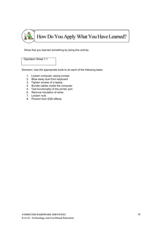 Show that you learned something by doing this activity.
Operation Sheet 1.1
Direction: Use the appropriate tools to do each of the following tasks.
1. Loosen computer casing screws
2. Blow away dust from keyboard
3. Tighten screws of a laptop
4. Bundle cables inside the computer
5. Test functionality of the printer port
6. Remove insulation of wires
7. Loosen nuts
8. Prevent from ESD effects
COMPUTER HARDWARE SERVICING
K to 12 - Technology and Livelihood Education
23
 