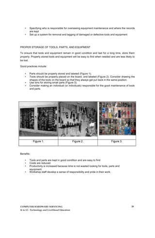 • Specifying who is responsible for overseeing equipment maintenance and where the records
are kept
• Set up a system for removal and tagging of damaged or defective tools and equipment
PROPER STORAGE OF TOOLS, PARTS, AND EQUIPMENT
To ensure that tools and equipment remain in good condition and last for a long time, store them
properly. Properly stored tools and equipment will be easy to find when needed and are less likely to
be lost.
Good practices include:
• Parts should be properly stored and labeled (Figure 1).
• Tools should be properly placed on the board, and labeled (Figure 2). Consider drawing the
shapes of the tools on the board so that they always get put back in the same position.
• Use bins for storing small parts (Figure 3).
• Consider making an individual (or individuals) responsible for the good maintenance of tools
and parts.
Benefits:
• Tools and parts are kept in good condition and are easy to find
• Costs are reduced.
• Productivity is increased because time is not wasted looking for tools, parts and
equipment.
• Workshop staff develop a sense of responsibility and pride in their work.
COMPUTER HARDWARE SERVICING
K to 12 - Technology and Livelihood Education
28
 