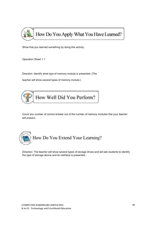 Show that you learned something by doing this activity.
Operation Sheet 1.1
Direction: Identify what type of memory module is presented. (The
teacher will show several types of memory module.)
Count you number of correct answer out of the number of memory modules that your teacher
will present.
How Do You Extend Your Learning?
Direction: The teacher will show several types of storage drives and will ask students to identify
the type of storage device and its interface is presented.
COMPUTER HARDWARE SERVICING
K to 12 - Technology and Livelihood Education
40
 