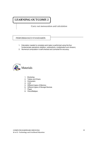 Carry out mensuration and calculation
PERFORMANCE STANDARDS
1. Calculation needed to complete work tasks is performed using the four
fundamentals operations (addition, subtractions, multiplication and division).
2. Numerical computation is self-checked and corrected for accuracy.
Materials
1. Workshop
2. Tables and Chairs
3. Computers
4. LCD
5. Different types of Memory
6. Different types of Storage Devices
7. Paper
8. Pencil/Ballpen
COMPUTER HARDWARE SERVICING
K to 12 - Technology and Livelihood Education
41
 