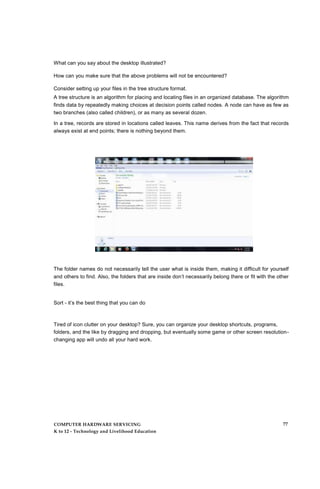 What can you say about the desktop illustrated?
How can you make sure that the above problems will not be encountered?
Consider setting up your files in the tree structure format.
A tree structure is an algorithm for placing and locating files in an organized database. The algorithm
finds data by repeatedly making choices at decision points called nodes. A node can have as few as
two branches (also called children), or as many as several dozen.
In a tree, records are stored in locations called leaves. This name derives from the fact that records
always exist at end points; there is nothing beyond them.
The folder names do not necessarily tell the user what is inside them, making it difficult for yourself
and others to find. Also, the folders that are inside don’t necessarily belong there or fit with the other
files.
Sort - it’s the best thing that you can do
Tired of icon clutter on your desktop? Sure, you can organize your desktop shortcuts, programs,
folders, and the like by dragging and dropping, but eventually some game or other screen resolution-
changing app will undo all your hard work.
COMPUTER HARDWARE SERVICING
K to 12 - Technology and Livelihood Education
77
 