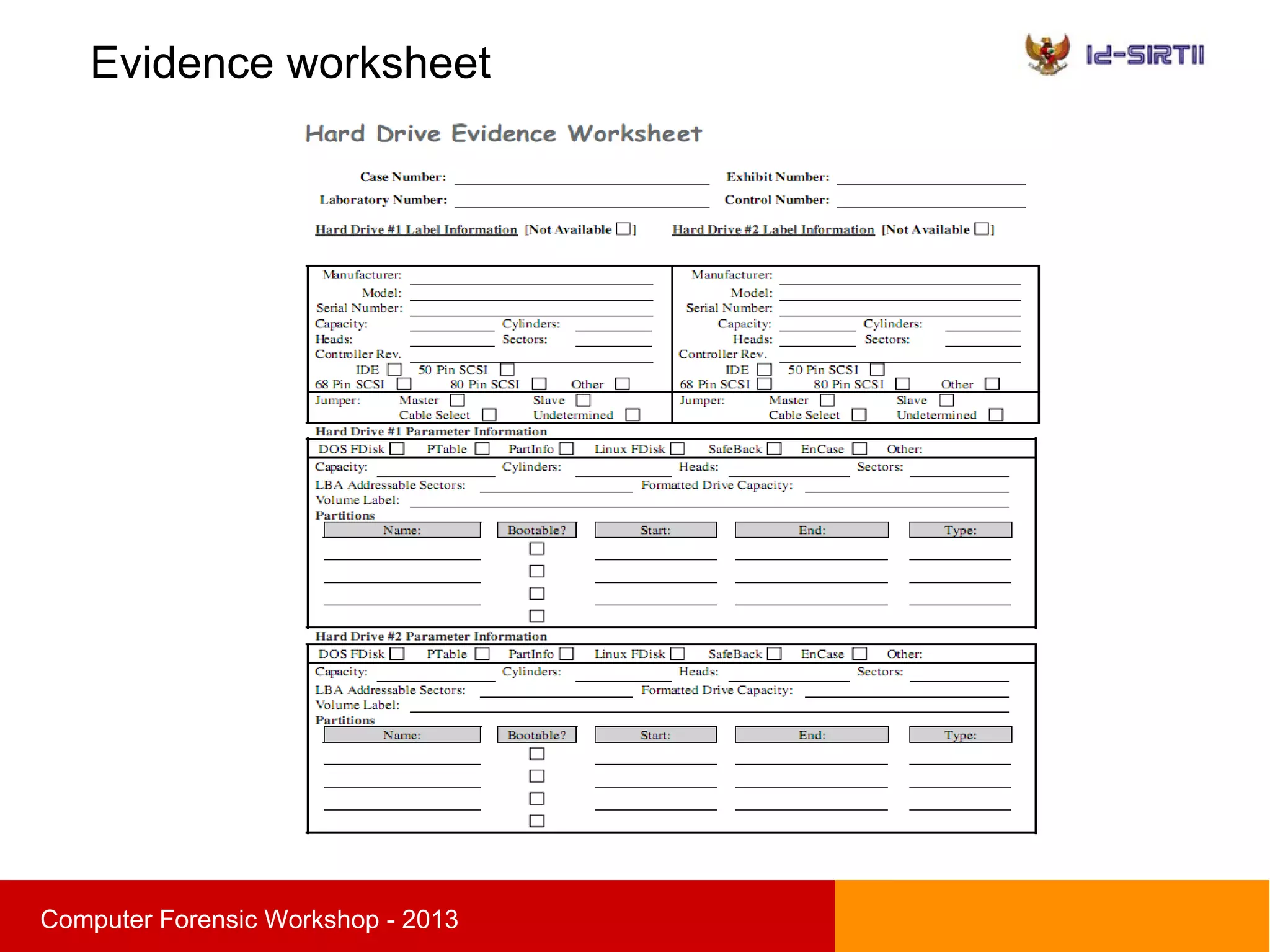 Evidence worksheet
sComputer Forensic Workshop - 2013
 