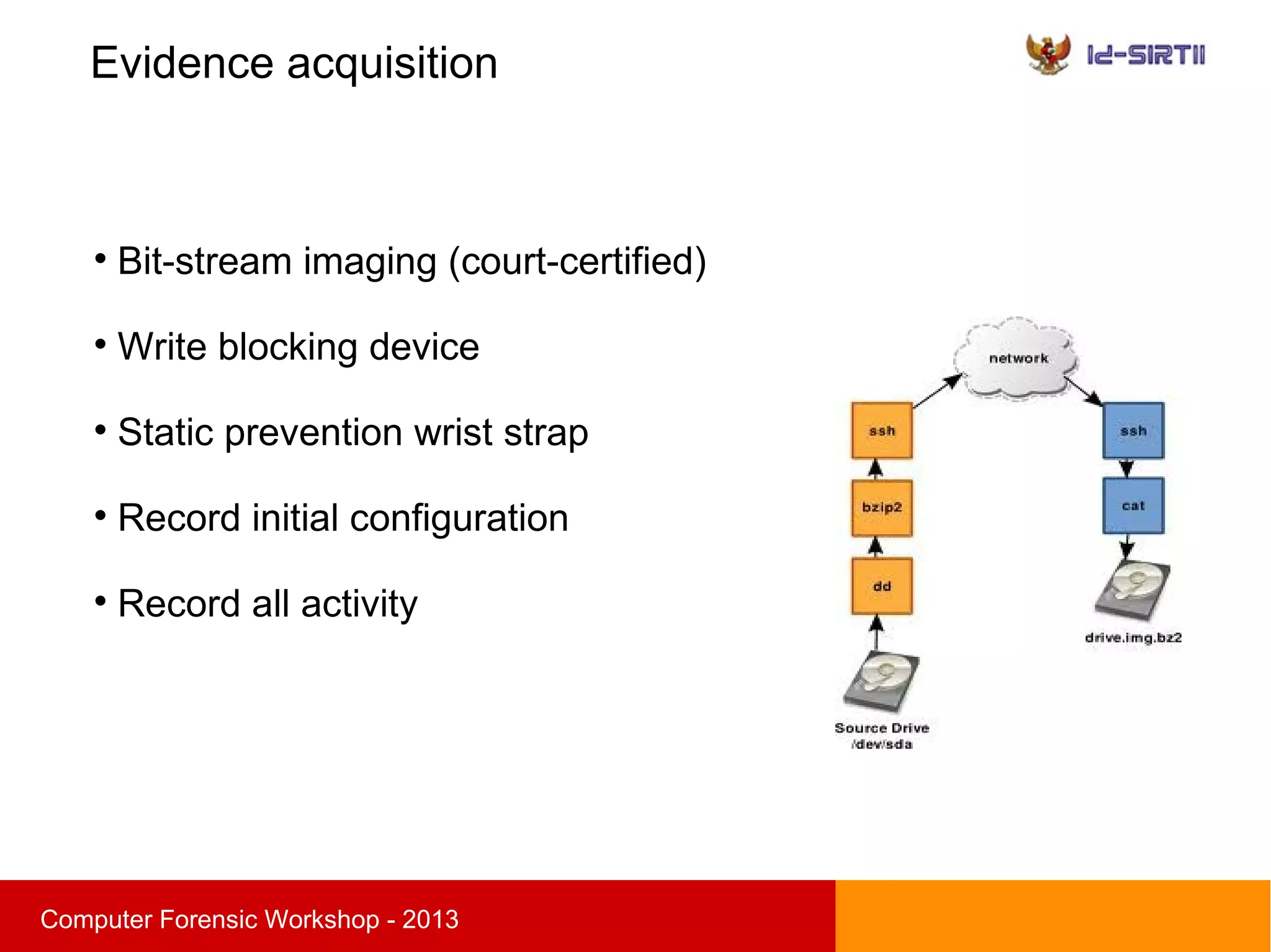 Evidence acquisition
sComputer Forensic Workshop - 2013

Bit-stream imaging (court-certified)

Write blocking device

Static prevention wrist strap

Record initial configuration

Record all activity
 