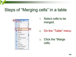 Steps of “Merging cells” in a table
1. Select cells to be
merged.
2. On the “Table” menu.
3. Click the “Marge
cells.
216
 