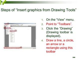 Steps of “Insert graphics from Drawing Tools”
1. On the “View” menu.
2. Point to “Toolbars”.
3. Click the “Drawing”
(Drawing toolbar is
displayed).
4. Draw a line, a circle,
an arrow or a
rectangle using this
toolbar
240
 