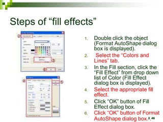 Steps of “fill effects”
1. Double click the object
(Format AutoShape dialog
box is displayed).
2. Select the “Colors and
Lines” tab.
3. In the Fill section, click the
“Fill Effect” from drop down
list of Color (Fill Effect
dialog box is displayed).
4. Select the appropriate fill
effect.
5. Click “OK” button of Fill
Effect dialog box.
6. Click “OK” button of Format
AutoShape dialog box.2.46
 