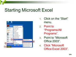 279
Starting Microsoft Excel
1. Click on the “Start”
menu.
2. Point to
“Programs/All
Programs”.
3. Point to “Microsoft
Office 2003”.
4. Click “Microsoft
Office Excel 2003”.
 