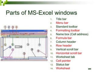 280
Parts of MS-Excel windows
1. Title bar
2. Menu bar
3. Standard toolbar
4. Formatting toolbar
5. Name box (Cell address)
6. Formula bar
7. Column header
8. Row header
9. Vertical scroll bar
10. Horizontal scroll bar
11. Worksheet tab
12. Cell pointer
13. Status bar
14. Worksheet
 