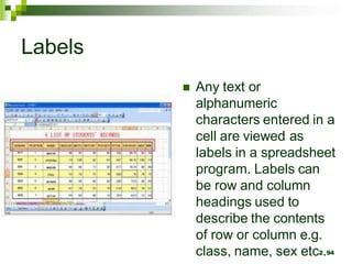  Any text or
alphanumeric
characters entered in a
cell are viewed as
labels in a spreadsheet
program. Labels can
be row and column
headings used to
describe the contents
of row or column e.g.
class, name, sex etc2.94
Labels
 
