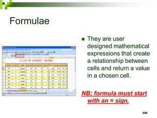 296
Formulae
 They are user
designed mathematical
expressions that create
a relationship between
cells and return a value
in a chosen cell.
NB; formula must start
with an = sign.
 